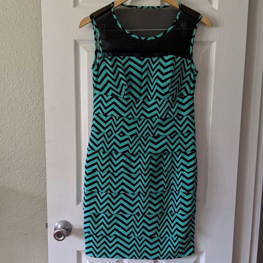Teal ZigZag Mesh Top Bodycon Dress